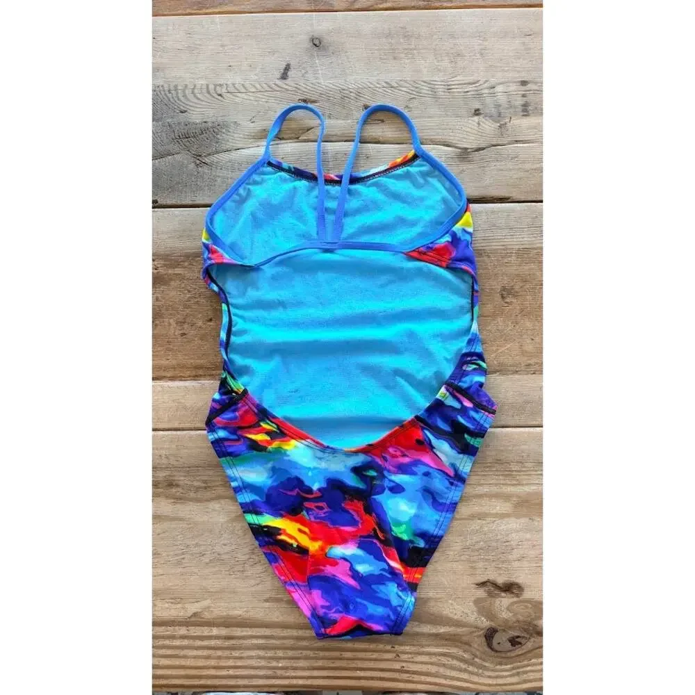 TYR Bright Multi Wave SIZE 28 Durafast Elite Cutout One Piece Swimsuit